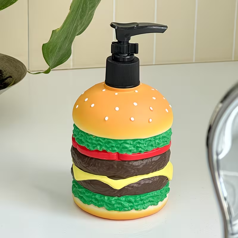 Soap Making Jar - かわいいハンバーガー型のプレス式石鹸液ボトル - キッチンやバスルームの装飾、樹脂製、ホームアクセサリー