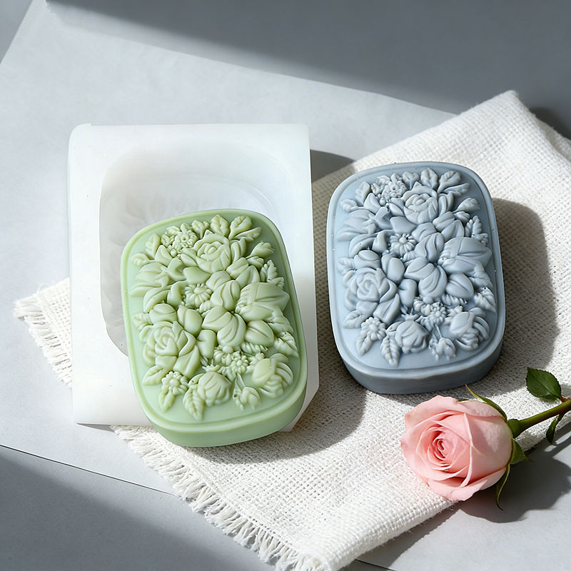 Soap Making Gifts - 正方形の花柄シリコンソープモールド、バラとクチナシ模様、再利用可能な手作り石鹸作りツール、家庭用品、装飾ギフト
