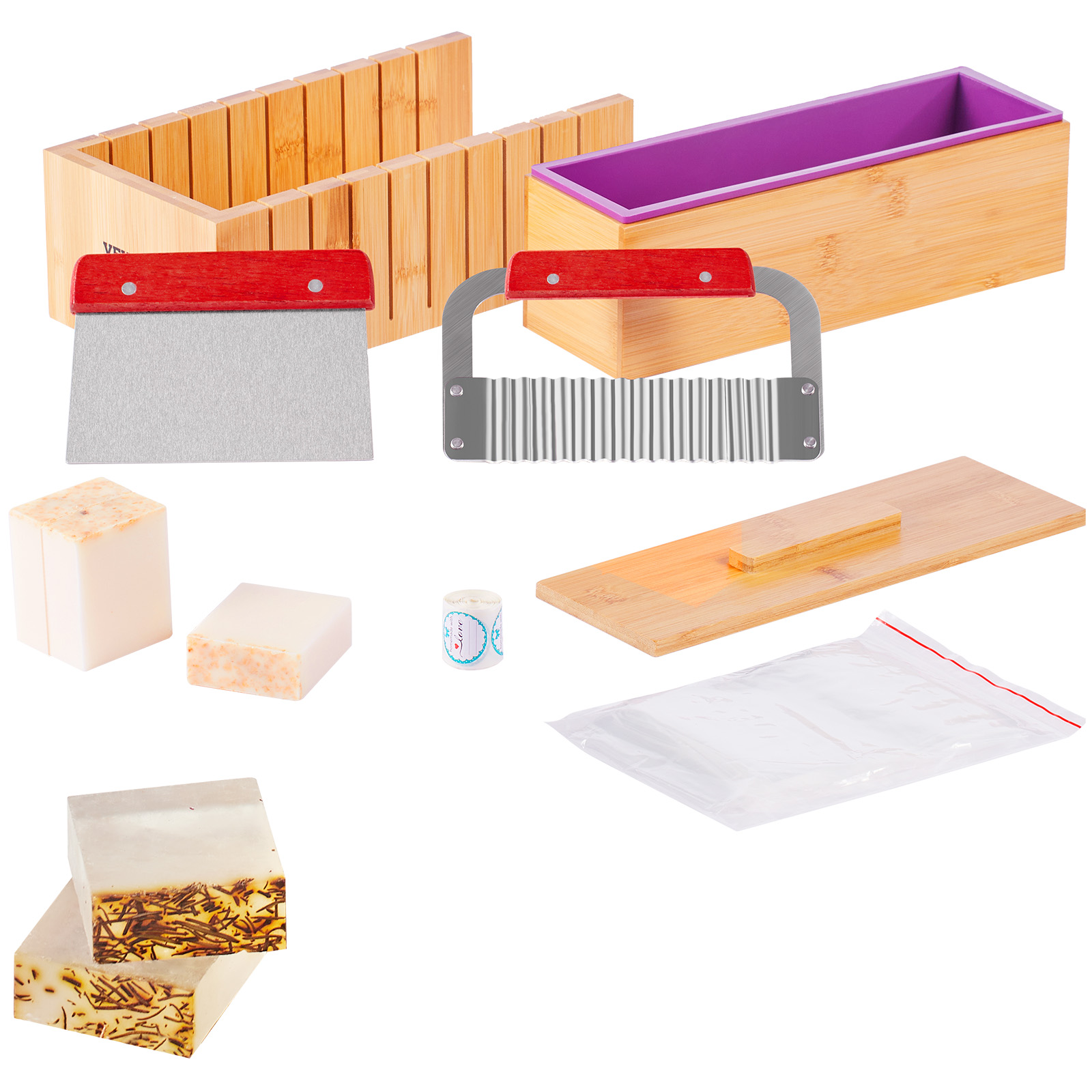 Soap Making Book - VEVOR石鹸作りキット 竹製カッティングボックスとインナーボックス、シリコンモールド、ステンレス製ストレートカッターとウェーブカッター付き