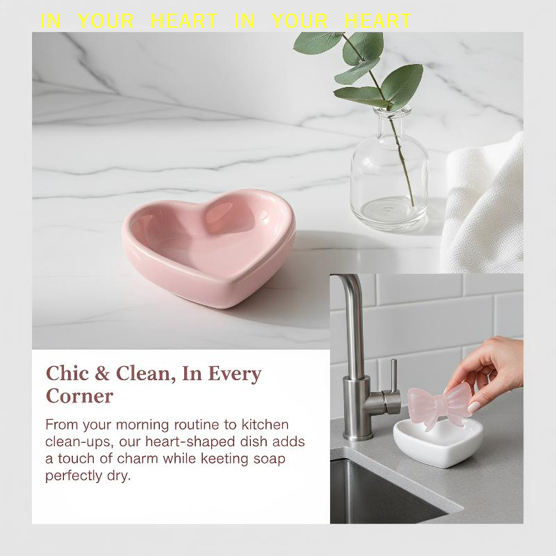 Soap Dish Draining - 【X】ハート型ソープディッシュ セラミック製 かわいいリボンデザイン 自己排水式 耐水性ソープトレイ 浴室用