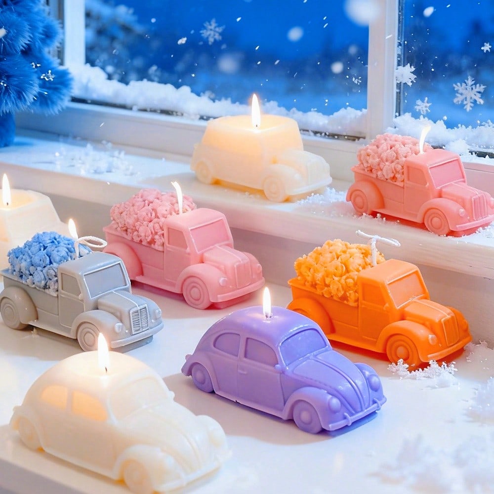 Soap Making Gifts - 多様なスタイルの車型シリコンキャンドルモールド、バラ型ピックアップカー型石鹸モールド、樹脂石膏製造ツール、DIY 3Dギフト、家の装飾
